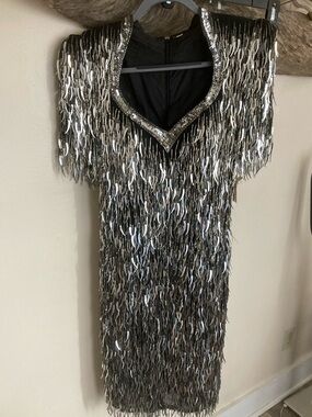 Vintage Dolly Parton Style Gantos Silver Sequin Fringe Dress